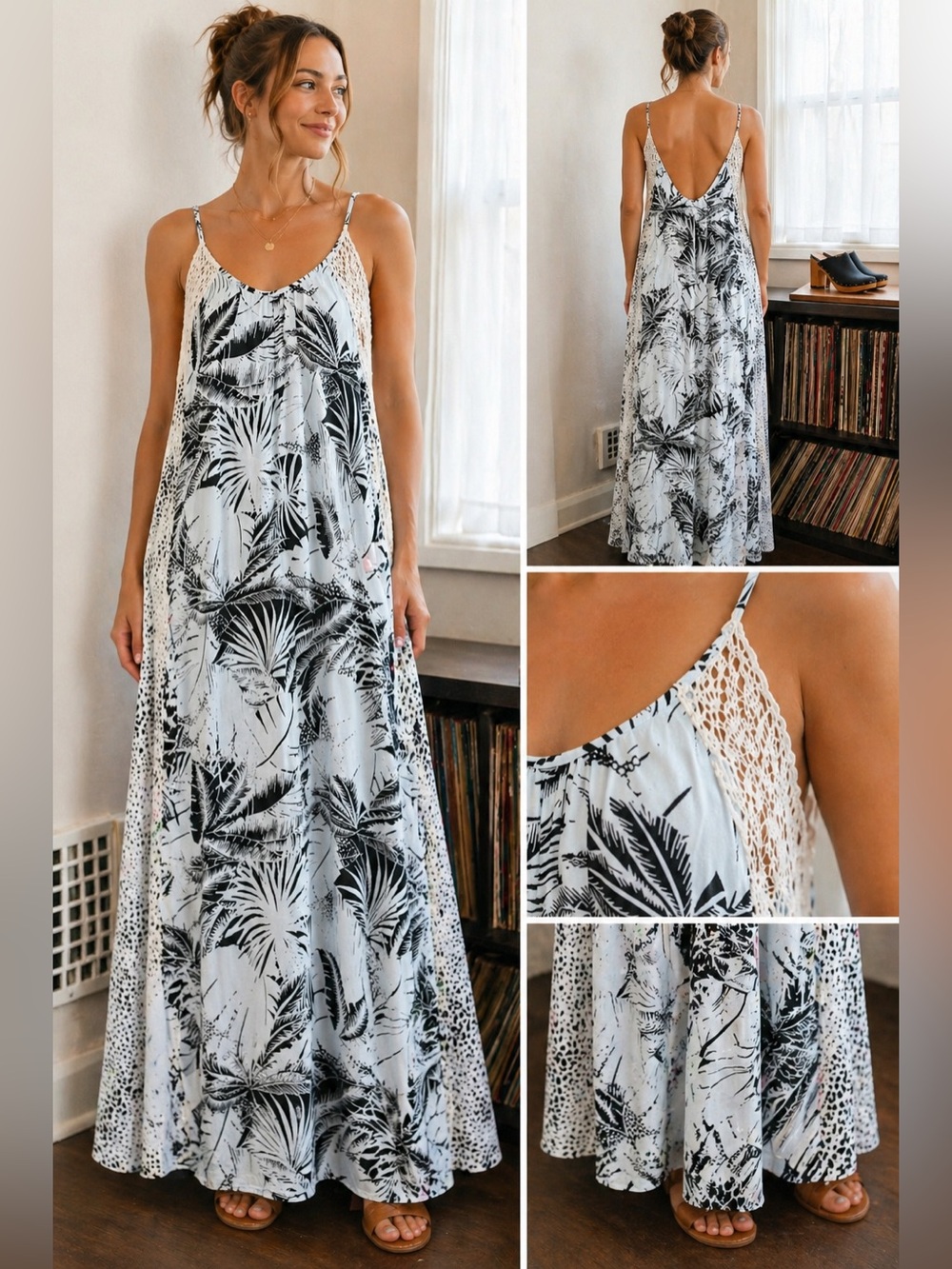 Aerie Tropical Print Maxi Dress w/ Crochet Lace Panels Size M pale blue & black